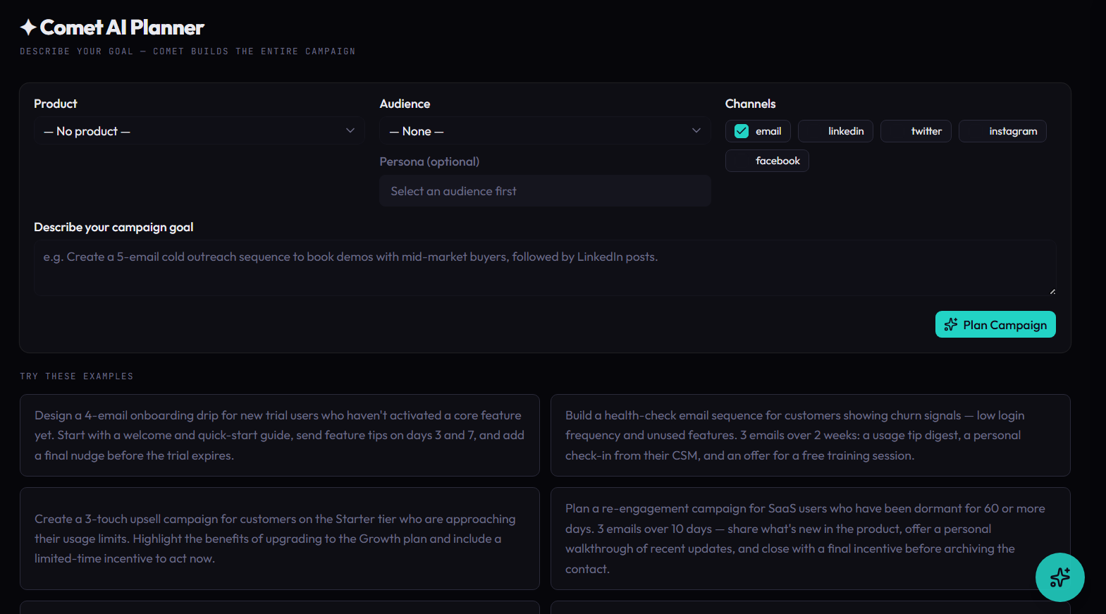Comet AI Planner: describe a campaign goal and generate a complete multi-channel plan